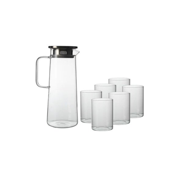 7 Piece Glass Pitcher Set (with Straining Lid, Handle) and 6 Glasses - CLEAR - Picture 1 of 3
